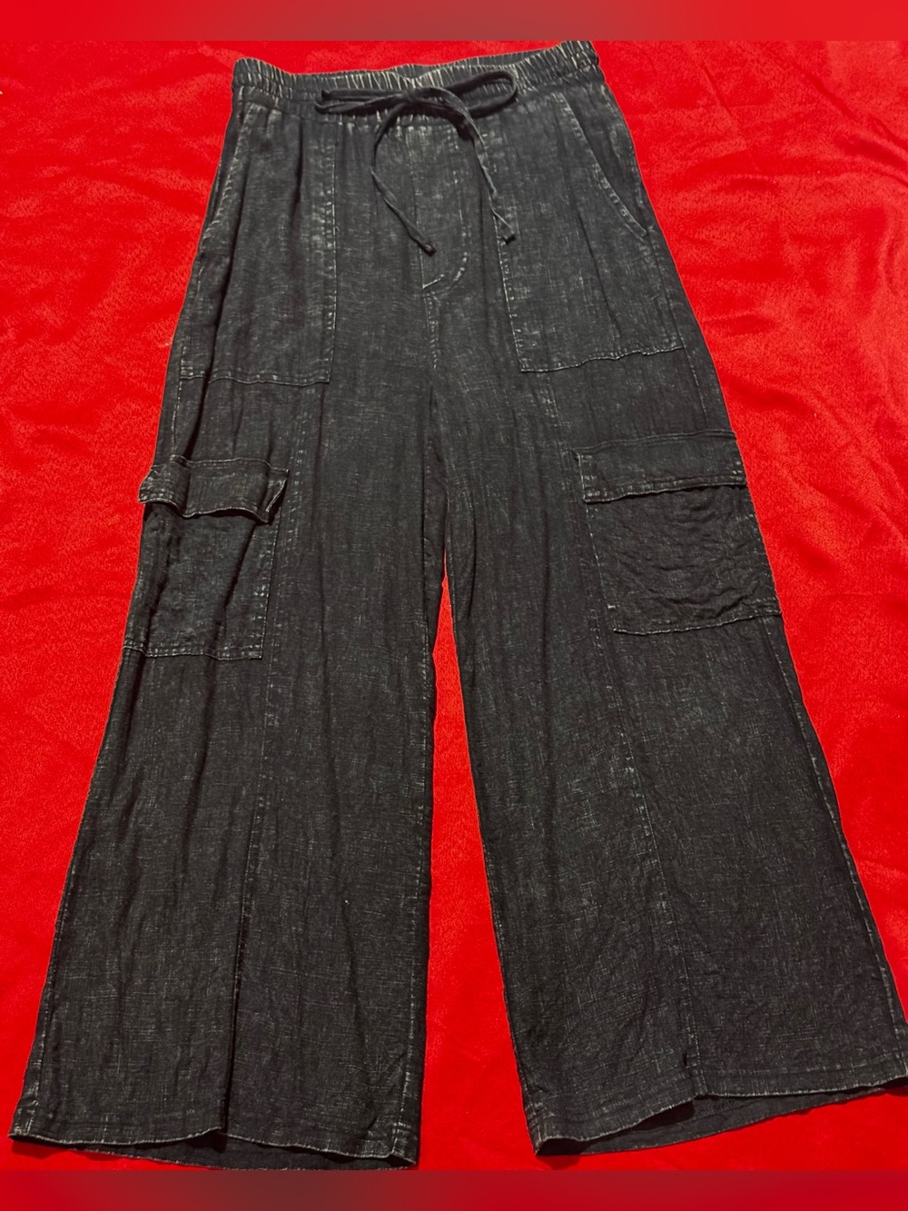 Women's Wide-Leg Black Cargo Trousers with Drawstring Waist
